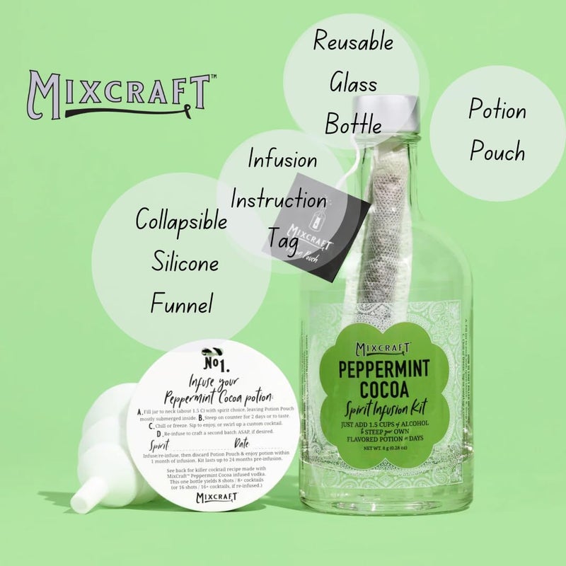 MixCraft Spirit Infusion Kit - Premium Craft Cocktail & Mocktail Mixer, Glass Bottle, Collapsible Funnel, Flavor Pouch & Recipe, Peppermint Cocoa - Image 2